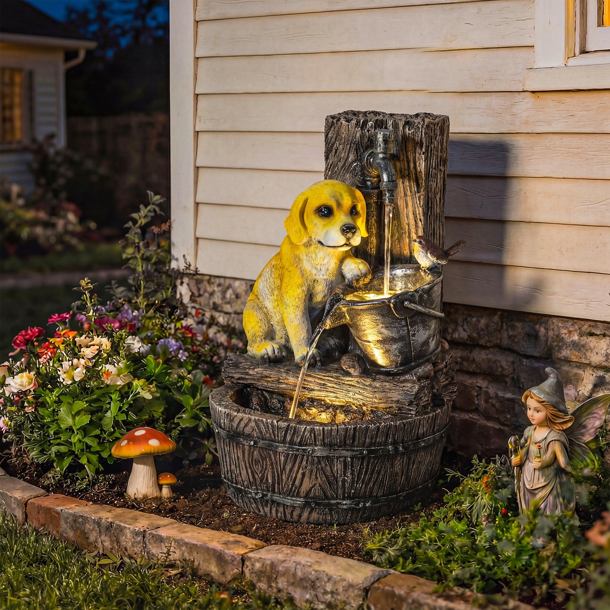 Outsunny 22" Outdoor Fountain with 3-Tier Puppy Theme, Cascading Waterfall Feature with LED Lights and Adjustable Flow