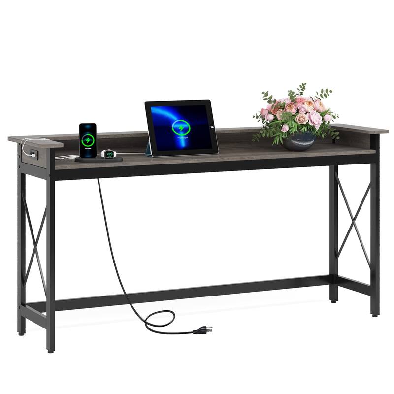 Sofa CouchTable with Outlets and USB Ports, 70.9 inch Long Entryway Console Table - Grey