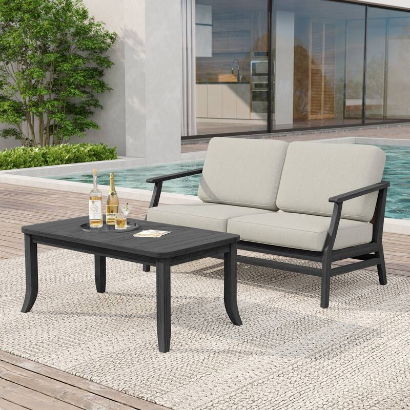 Teak Wood Patio Outdoor Loveseat Sofa and Coffee Table Set