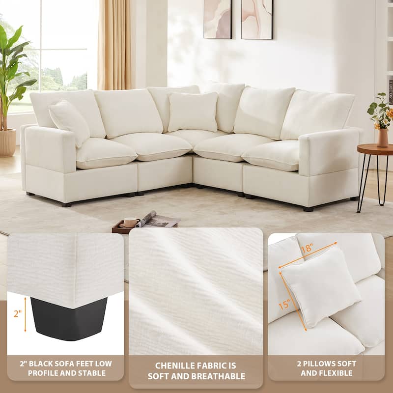 Lshape Sectional Sofa Sets with 2 Pillows, Living Room White Chaise