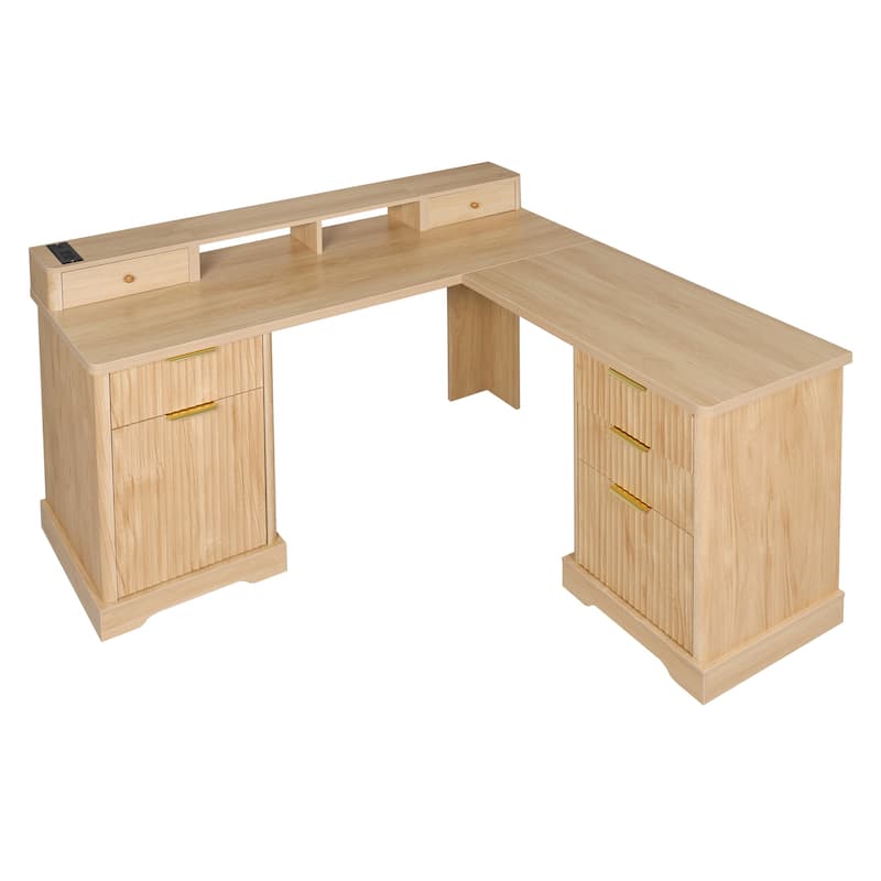 Executive L Shaped Desk Home Office Desk with Charging Station, Corner Computer Desk with Monitor Stand, Drawer, Storage Cabinet