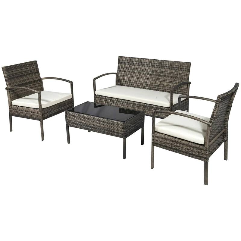 4PCS PE Rattan Conversation Set, Sofa Loveseat Table, All Weather