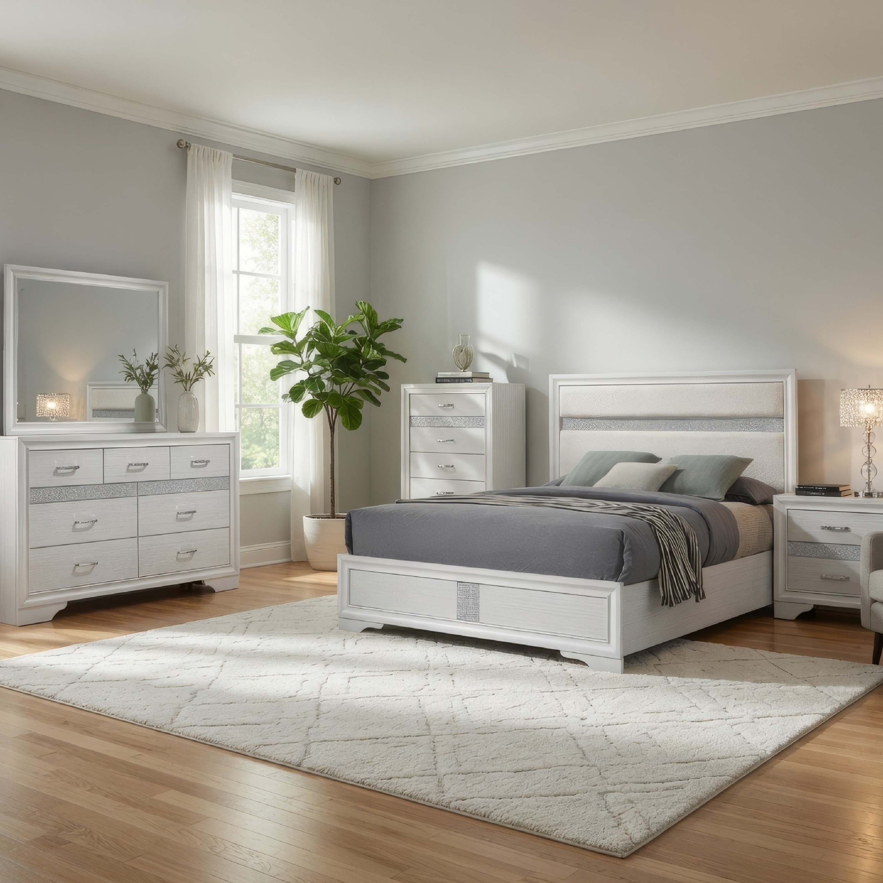 Vino White 5 Piece Queen Bed Set with Dressers, Mirror, Glitter Accent