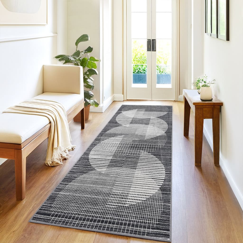 Washable Area Rugs Living Room Modern Geometric Stripes Rug Non Slip Low Pile Semi-Circle Pattern Rug