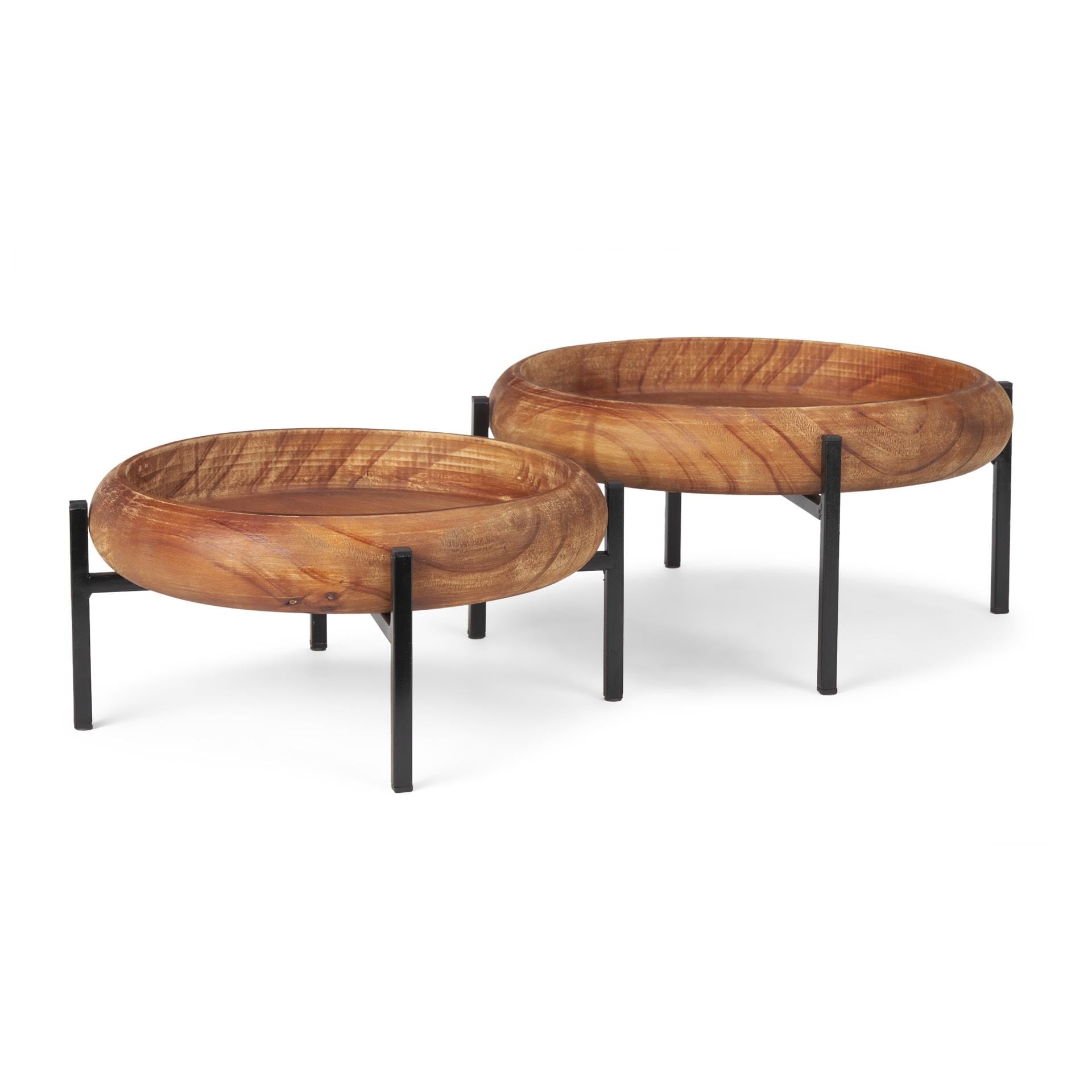 Mercana Wally Large & Medium Round Brown Wood Trays (Set of 2) - 14.3L x 14.3W x 6.8H