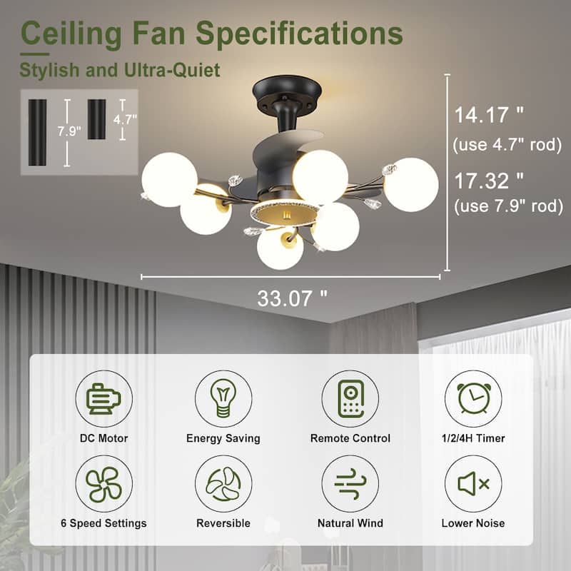 Ceiling Fan with Milky Glass Globe Shade, Modern Low Profile Reversible Fandelier for Bedroom
