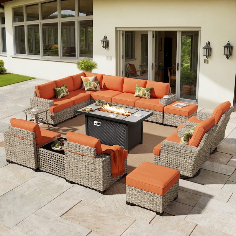 HOOOWOOO 15-piece Outdoor Sofa Patio Wicker Furniture Sectional Set with 54" Fire Pit Table - Red/Orange