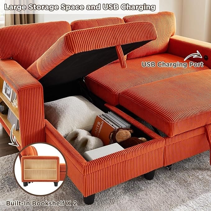 Modern Sleeper Sofa Bed, Couch Bed with Bookshelves & Charging Port