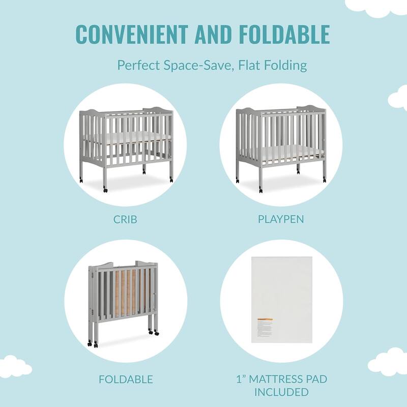 Dream On Me, 2 in 1 Lightweight Folding Portable Crib - pebble grey