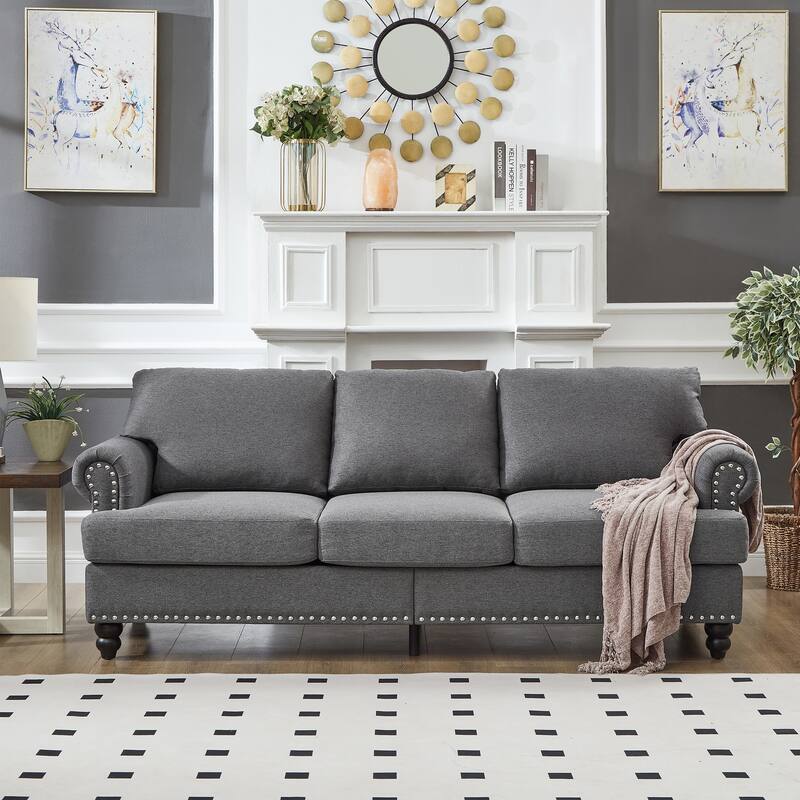 83" Modern Classic Design With Nails Sofa Leather Couch,Upholstered Imitation Cowhide Leather