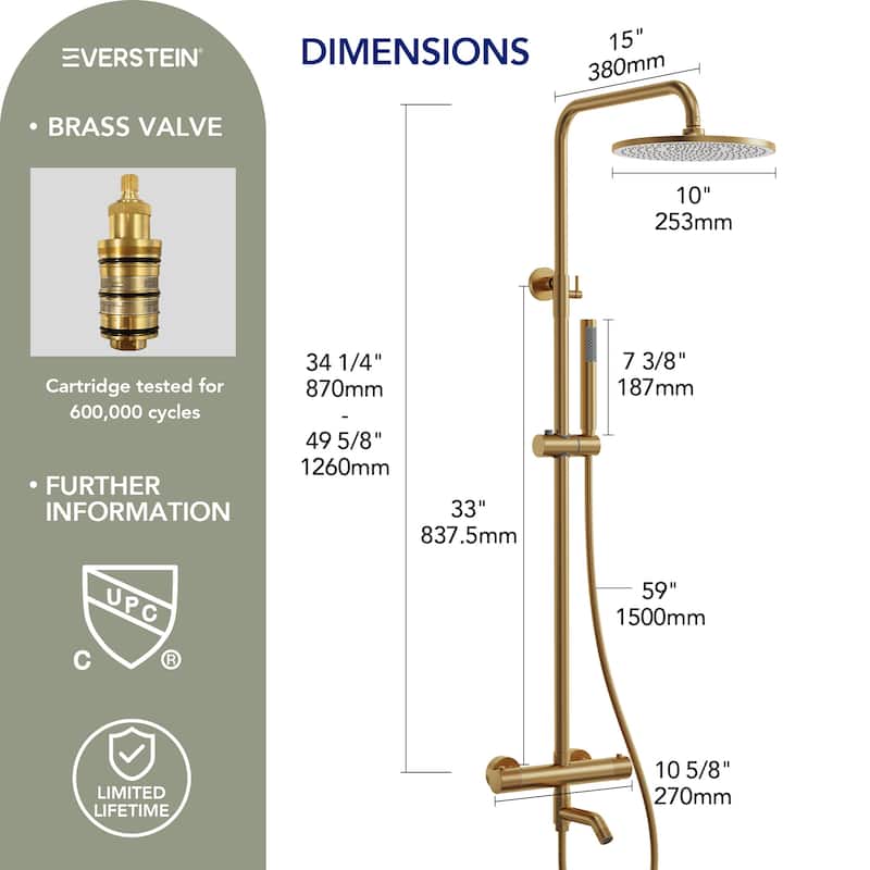 Height Adjustable Thermostatic Shower System with Tub Spout, 10" Rain Shower Head, Hand Shower, Brass Valve