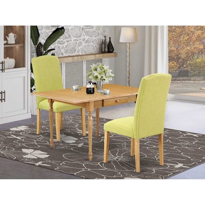 Kitchen Table Set with 2 Chairs, Drop Leaf Dining Table, Linen Fabric Parsons Chairs, Oak Finish