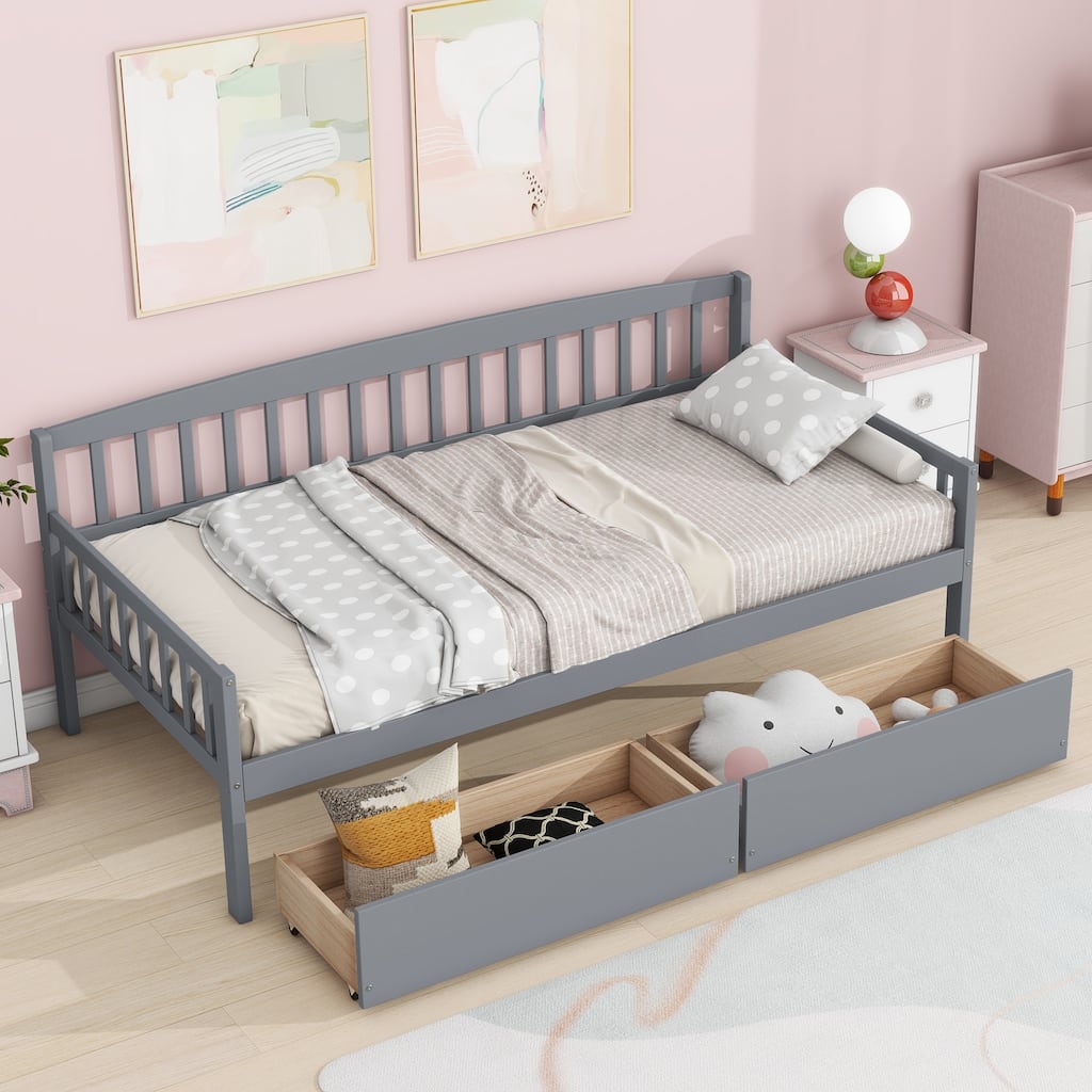 Grey Modern Twin Size Pine Wooden Daybed with Storage Drawers