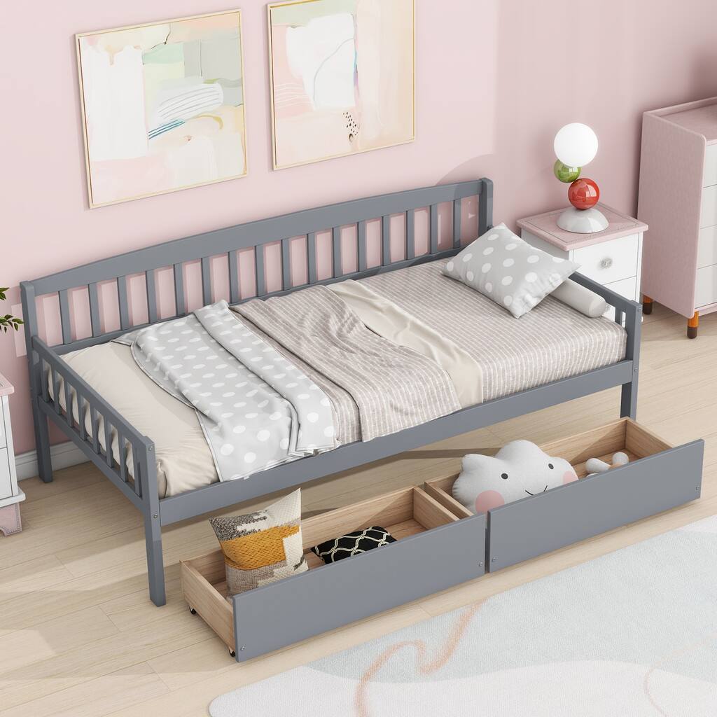 Grey Modern Twin Size Pine Wooden Daybed with Two Storage Drawers for Bedroom