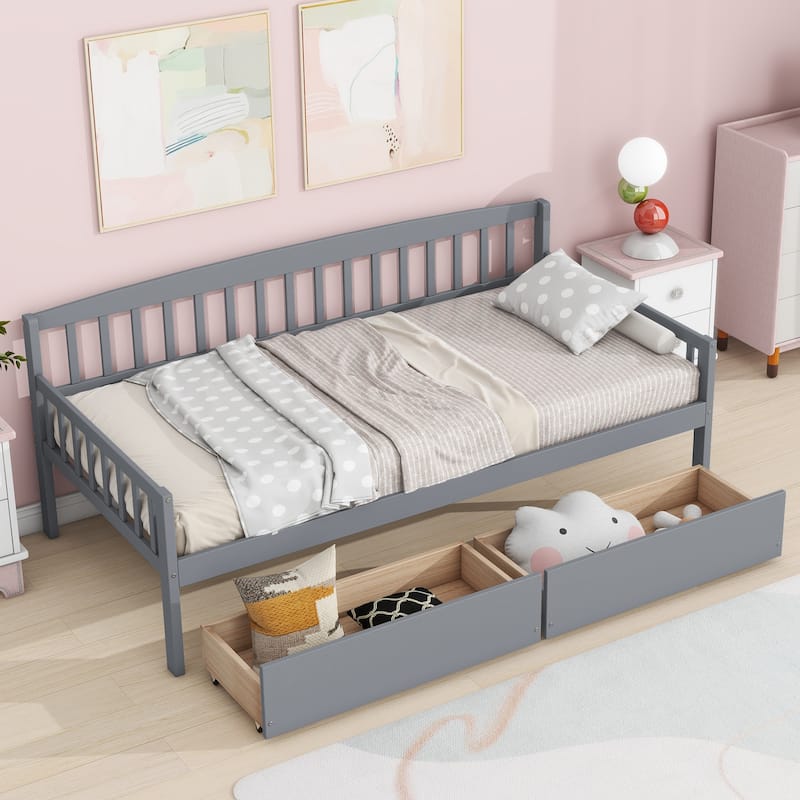 Twin-size Pine Wood Daybed with two Storage Drawers, Sofa Bed with Bed Platform of 10 Support Slats - Grey