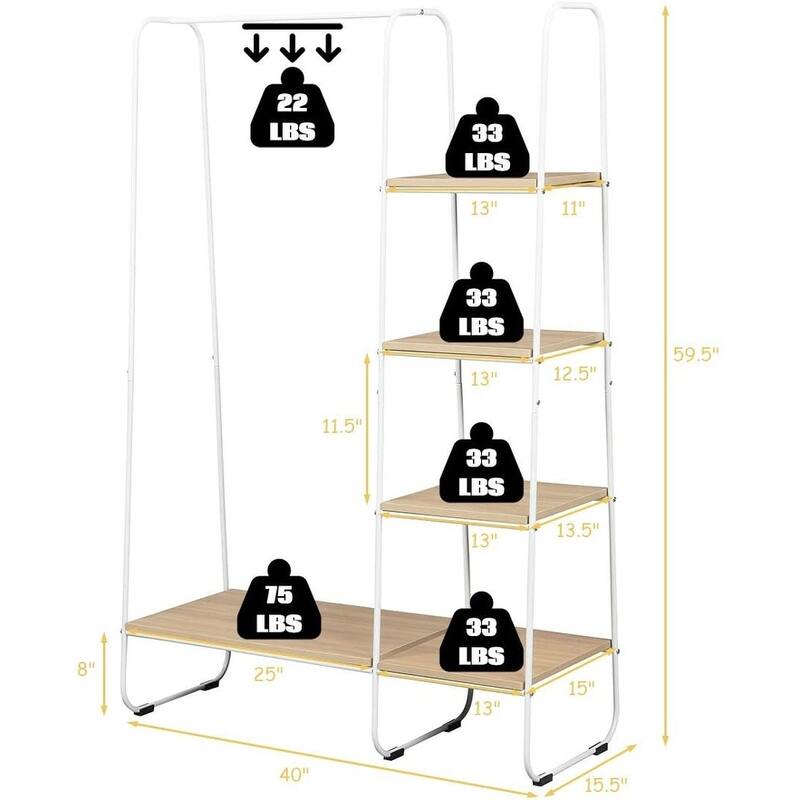 White Freestanding Garment Rack with Shelves and Hanging Rod for Bedroom or Living Room - 40" x 15.5" x 59.5" (L x W x H)