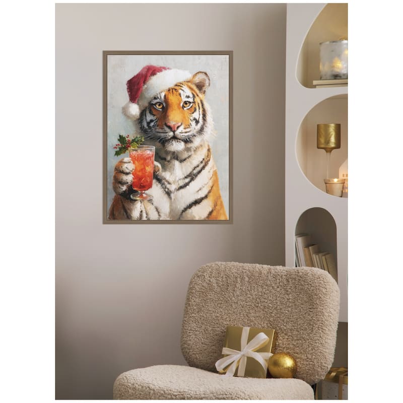 Kate and Laurel Sylvie Framed Canvas Tiger Festive Cocktail Santa Hat by The Creative Bunch Studio