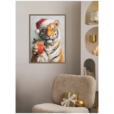Kate and Laurel Sylvie Framed Canvas Tiger Festive Cocktail Santa Hat by The Creative Bunch Studio