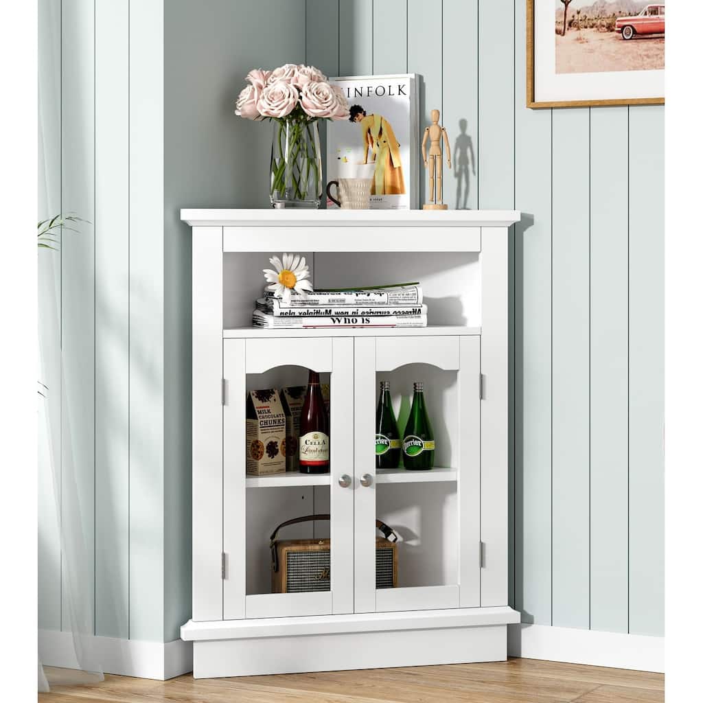 Javlergo White Triangle Corner Cabinet with Glass Doors & Adjustable Shelf Freestanding Storage Cabinet for Bathroom Living Room
