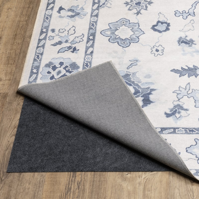 Ainsley Vintage Traditional Ivory/ Blue Printed Washable Flat Pile Area Rug