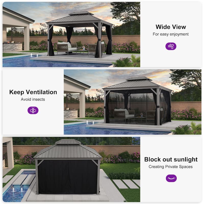 PURPLE LEAF Patio Gazebo for Backyard Hardtop Galvanized Steel Frame with Upgrade Curtain - Light Grey
