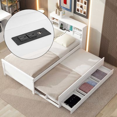 Twin/Full Size Platform Bed with USB Storage Headboard, Trundle Bed, and 3 Drawers, Pine Wood and MDF