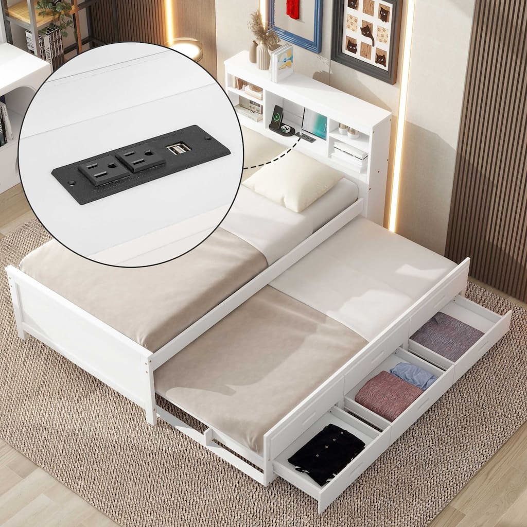 Twin Size Storage Platform Bed with USB, Trundle, and Drawers in White