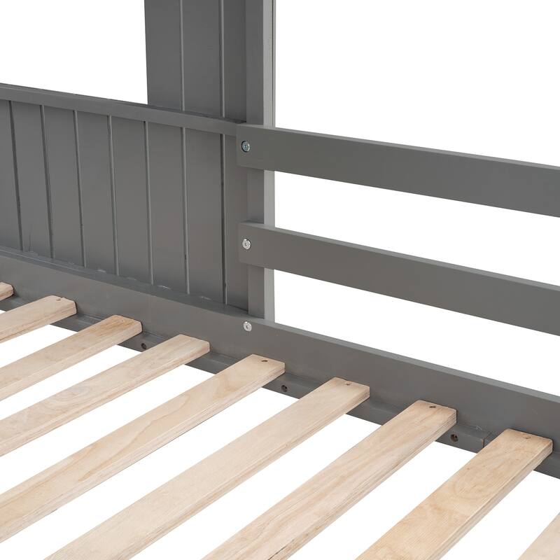 Twin Over Twin Loft Bunk Bed Playhouse Bedframe with Slide and Roof