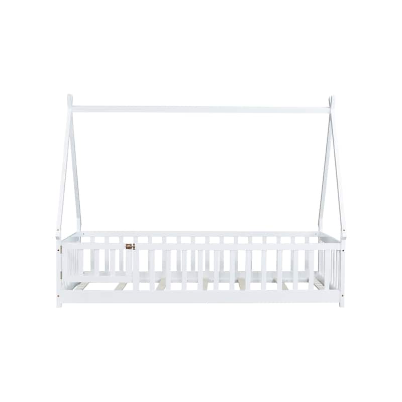 Roomfitters Twin/Full Tent-Shaped Floor Bed with Teepee Frame, Rubber Wood Platform with Guardrails, Slats and Door