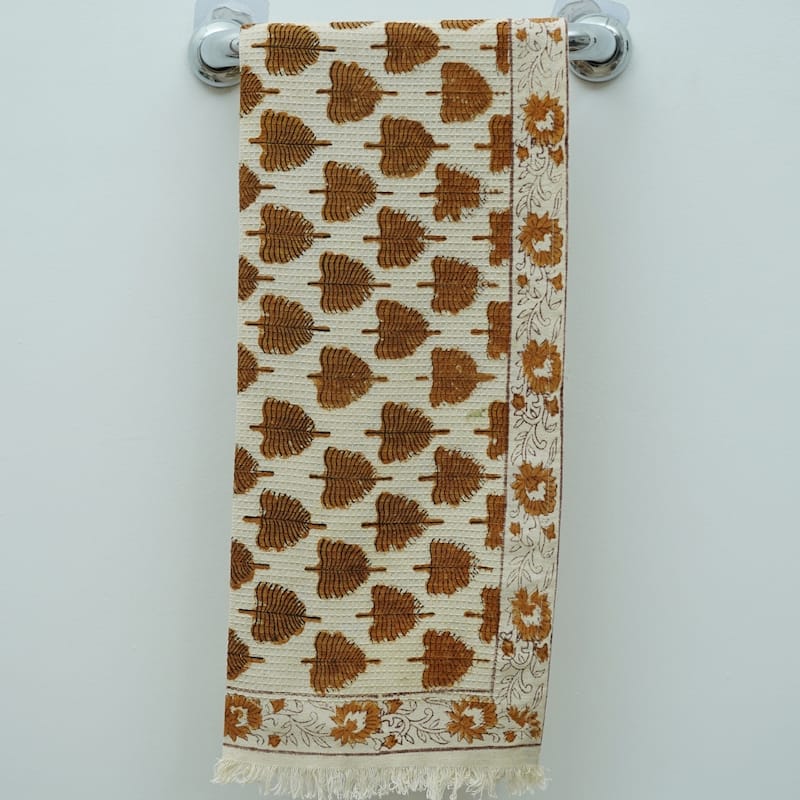 Fabdivine Honeycomb or Waffle Weave Hand Block Floral Print Hand Towel, Kitchen Gift Use