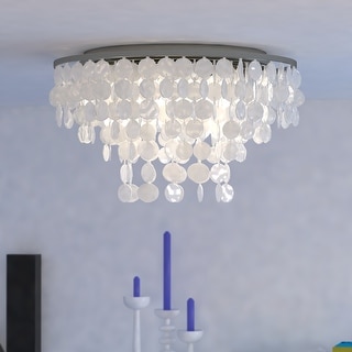 Elsa 24-in W Satin Nickel Capiz Shell Coastal Flush Mount Ceiling Light Fixture - 24-in W x 14-in H x 24-in D