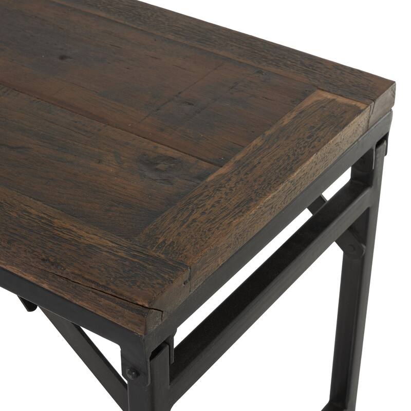 Dark Brown Teak Wood Long Home Bench with Black Metal Legs