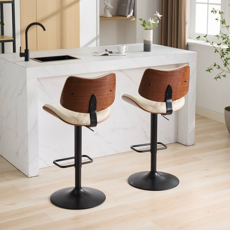 Mid-Century Modern Swivel Bar Stool - Walnut Finish & Faux Leather, Adjustable Counter Height