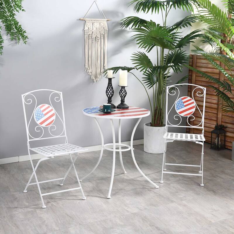 Outsunny 3 Piece Patio Bistro Set with Coffee Table and 2 Folding Chairs, Mosaic American Flag Tabletop and Backs - White