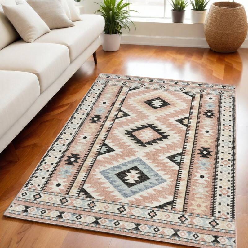 HomeRootsGeometric Bohemian Rectangle Area Rug - 84' X '63' X '0.25 - 84' X '63' X '0.25 - Black/Pink/Ivory