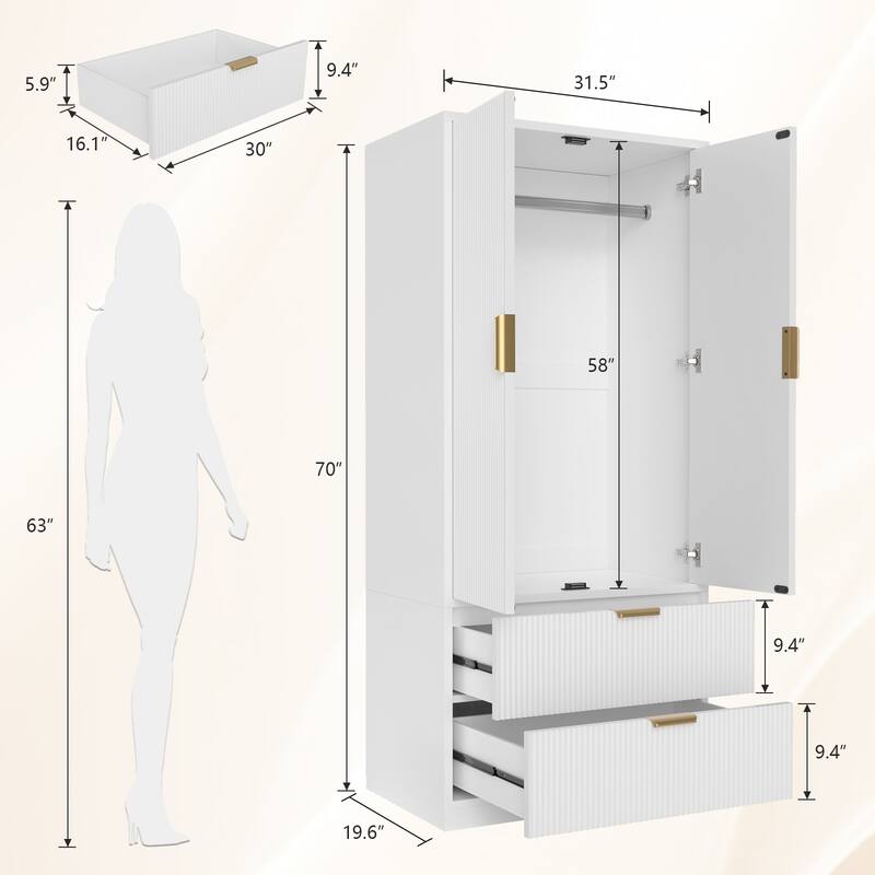 Gymojoy 2 Door Armoire Wardrobe Closet with Drawers, Modern Fluted Bedroom Storage Cabinet
