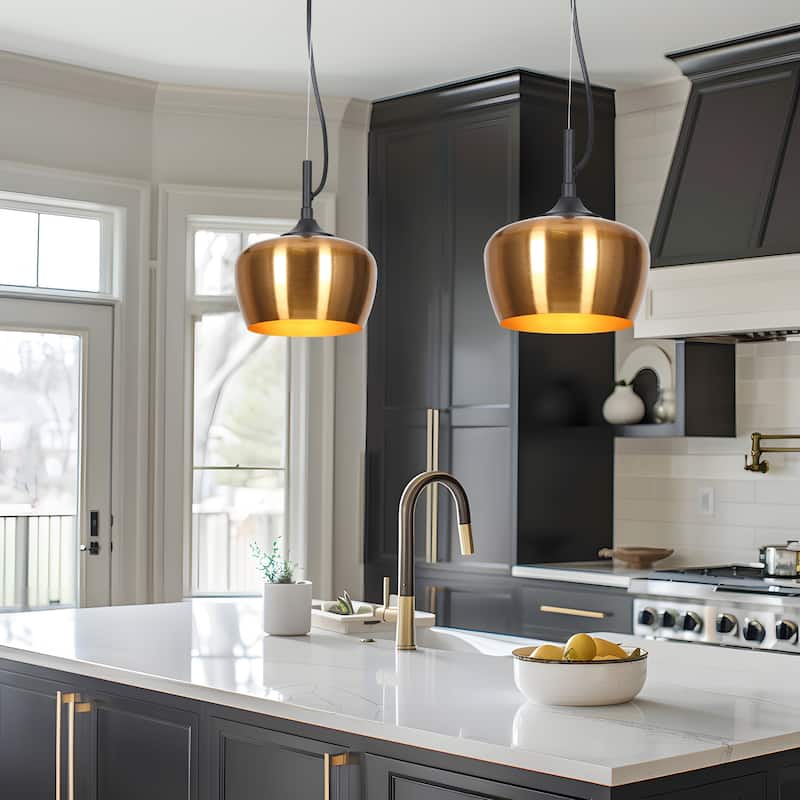 Modern Farmhouse Black Gold 1-Light Pendant Light Dome Island Lights for Dining Room
