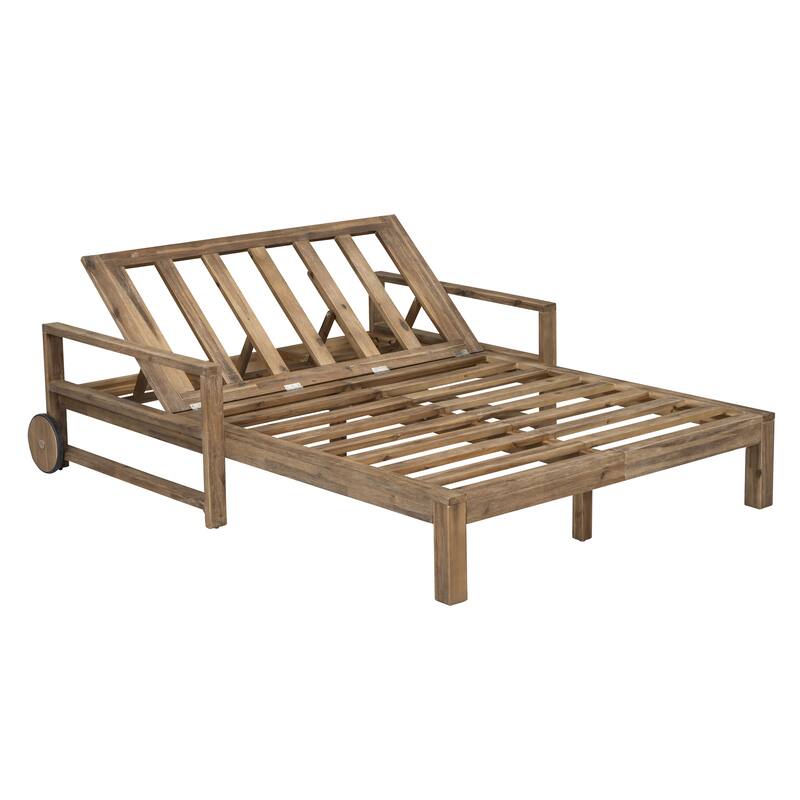 Outdoor Patio Solid Wood Double Daybed Sunbed with Adjustable Backrest and Wheels