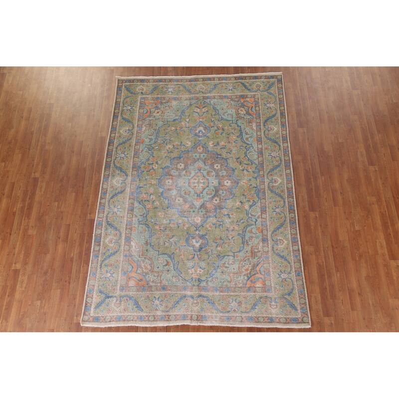 Hand Knotted Oriental 100% Wool Carpet Traditional Medallion Green Tabriz Area Rug - 9' 5'' X 6' 7''