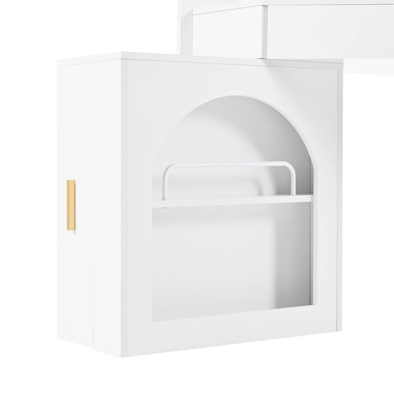 Corner Vanity Desk with Mirror & Lights, Wood Fluted Makeup Vanity Desk, Dressing Table with Large Storage Space