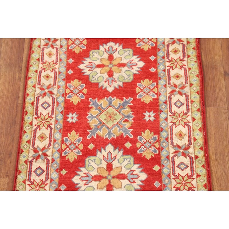 Geometric Red Kazak Oriental Runner Rug Hand-Knotted Wool Carpet - 2'2" x 6'3"