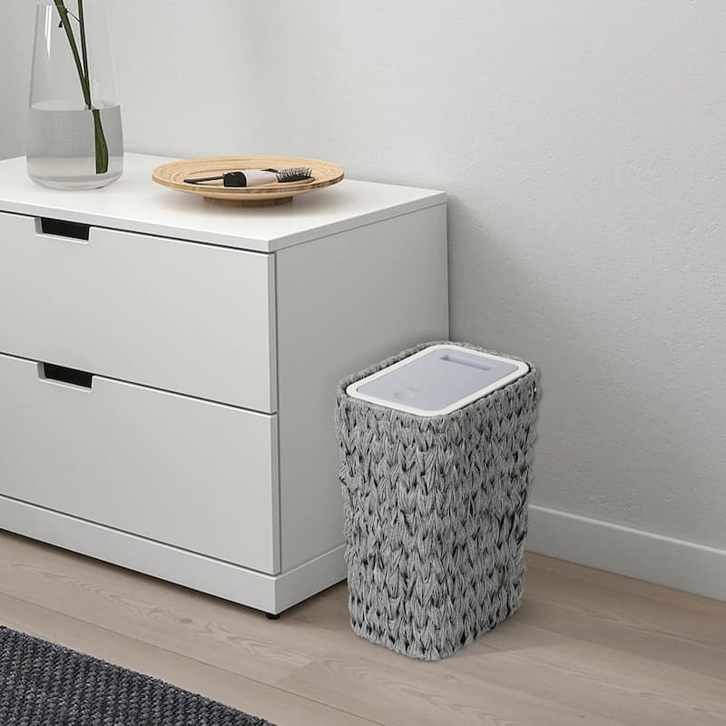 Small Bathroom Trash Can with Lid 2.6 Gallon Rattan Press Top Double Deck Slim Wicker for Bathroom Kitchen Office Gray