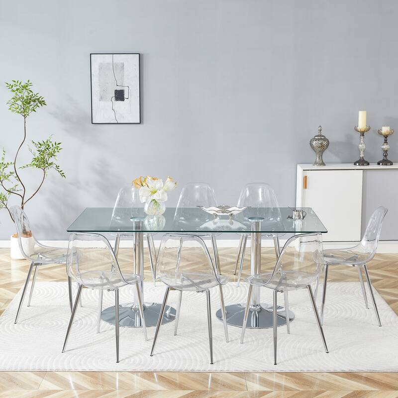 71" Dining Table Set for 6-8, Rectangular Kitchen Table with Transparent Plastic Chairs, Modern Glass Dining Room Table Set