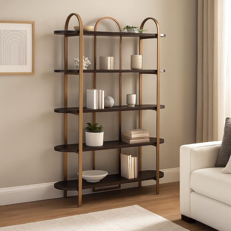 72 Inch Bookcase with 5 Ash Wood Storage Shelves, Retro Gold Frame