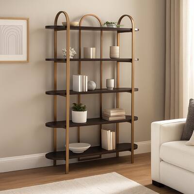 72 Inch Bookcase with 5 Ash Wood Storage Shelves, Retro Gold Frame