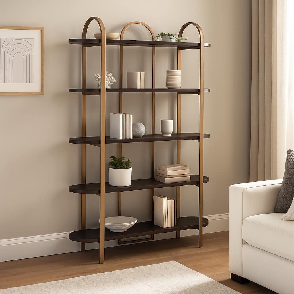 72 Inch Bookcase with 5 Ash Wood Storage Shelves, Retro Gold Frame