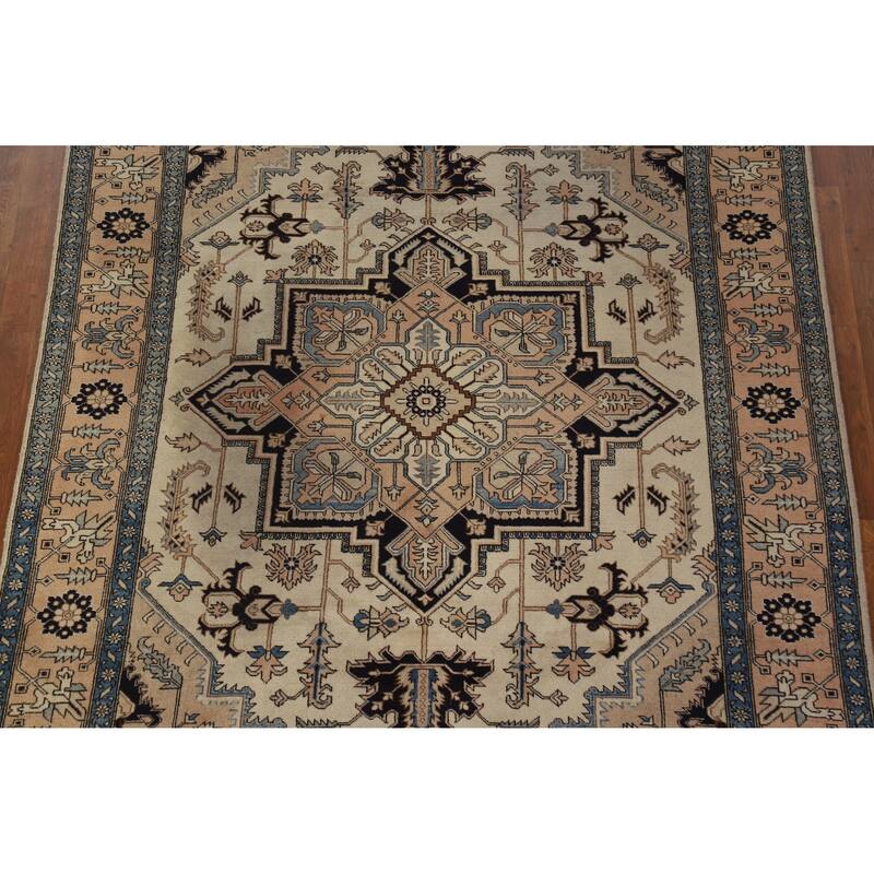 Hand Knotted Oriental 100% Wool Carpet Traditional Medallion Beige & Ivories Heriz (serapi) Area Rug - 9' 7'' X 6' 5''