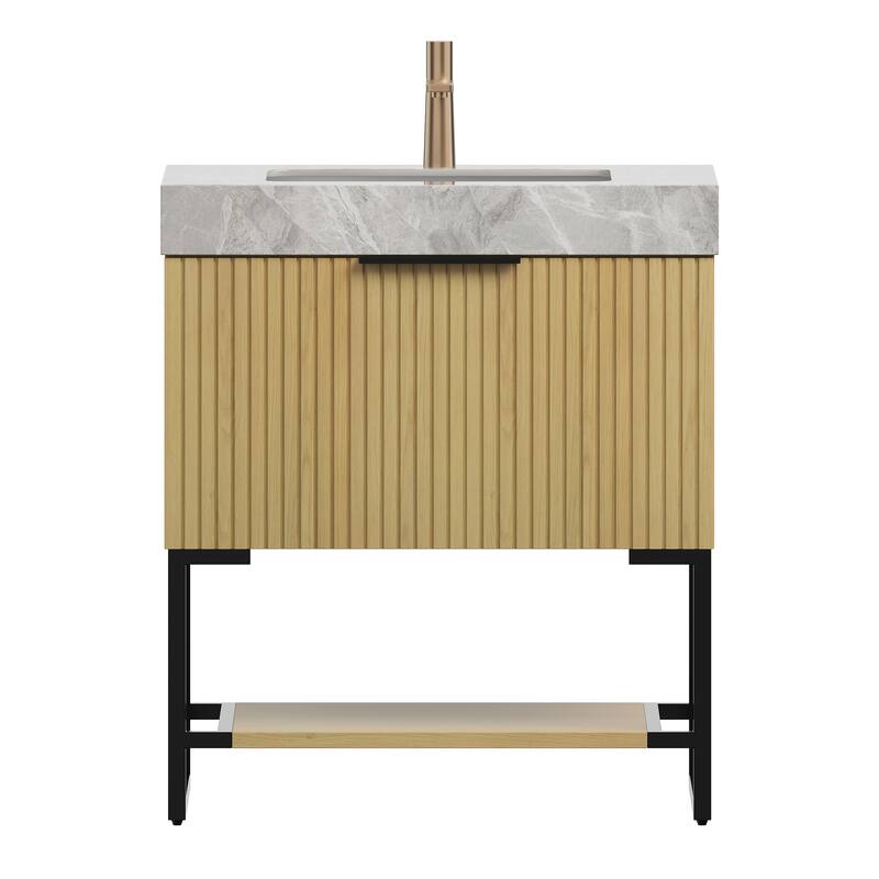 GDFStudio - Yolan Modern 30" Freestanding Bathroom Vanity with Striped Drawer, Open Shelf & Undermount Ceramic Basin