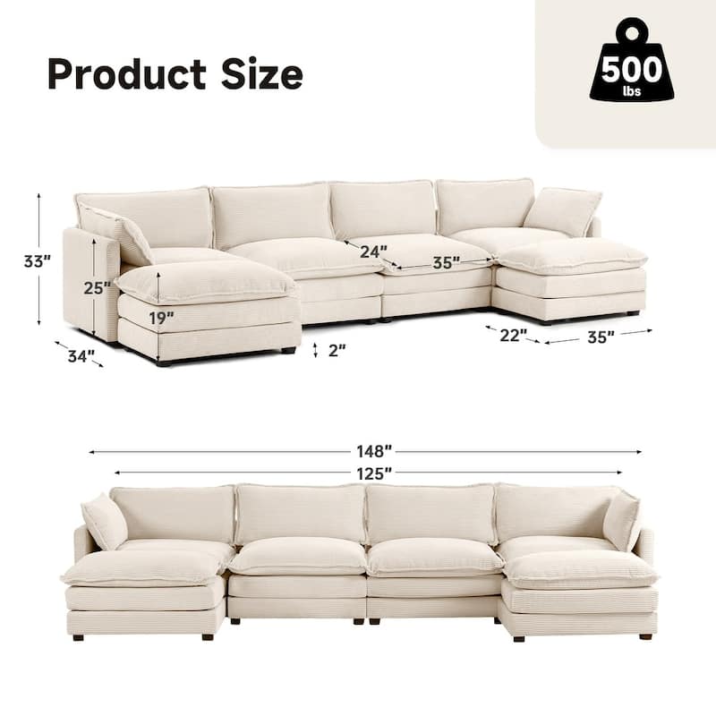 Corduroy Sectional Sofa with Removable Ottomans & Ultra-soft Cushions for Living Room & Bedroom