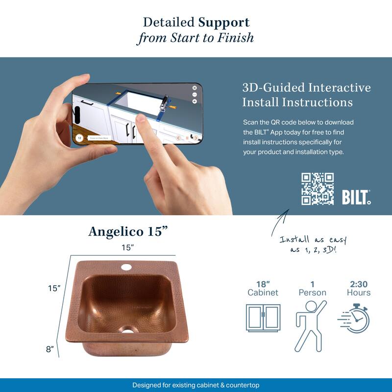 Angelico Copper 15" Single Bowl Drop-In Kitchen Sink with 1 Hole